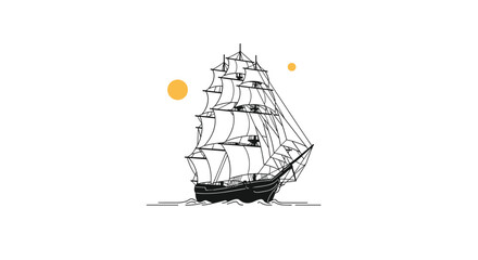 Minimalist black and white illustration of a majestic clipper ship sailing on calm waters with two subtle yellow circles in the background.