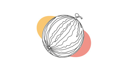 A hand-drawn, minimalist outline illustration of a fresh, striped watermelon with a small stem, set against abstract pastel circles.