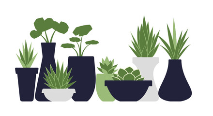 A contemporary illustration of diverse potted green houseplants arranged in a cluster, featuring elegant pots and minimalist design.