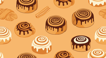 Delicious seamless pattern of assorted cinnamon rolls with chocolate and white icing, a croissant, and a cinnamon stick on a warm background.