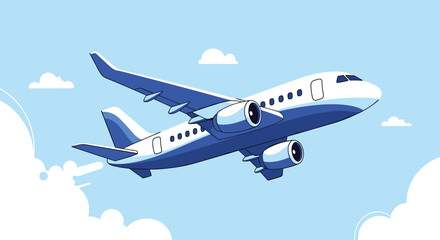 An illustration of a blue and white passenger airplane flying through a clear blue sky with white clouds, symbolizing air travel and transportation.