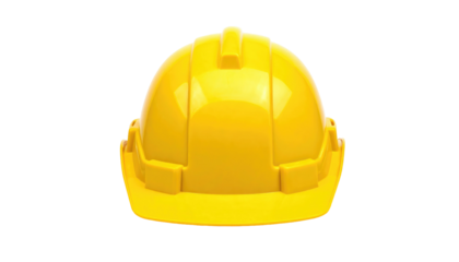 A bright yellow hard hat for safety and protection, front view on black