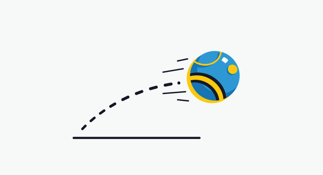 A stylized blue and yellow ball in dynamic motion, depicted with speed lines and a dashed parabolic trajectory from a flat surface.