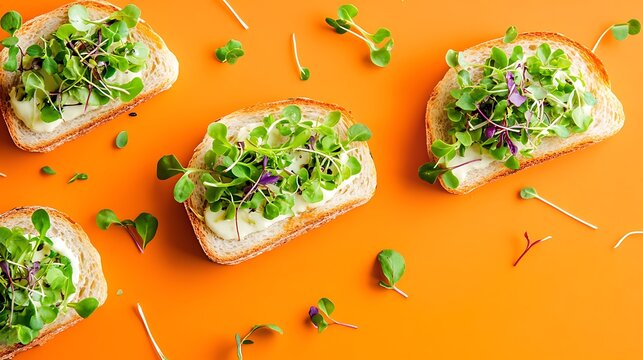 Slices with and micro greens on bread on orange background