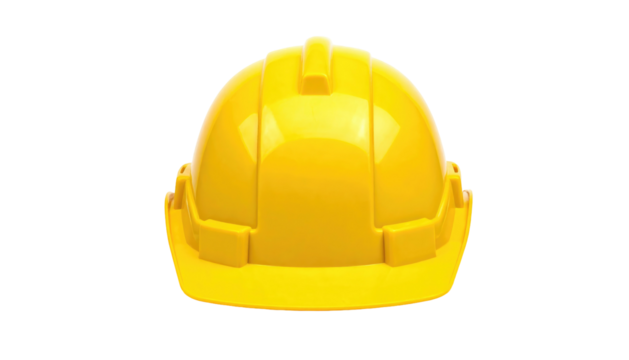 A bright yellow hard hat for safety and protection, front view on black - Powered by Adobe