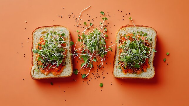 Slices with and micro greens on bread on orange background - Powered by Adobe