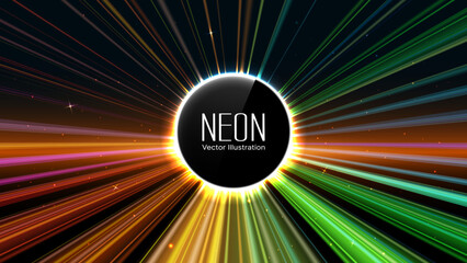 Colorful Neon Light Rays Background – Glowing Energy Ring Burst on Black Space, Futuristic Radiant Vector Illustration