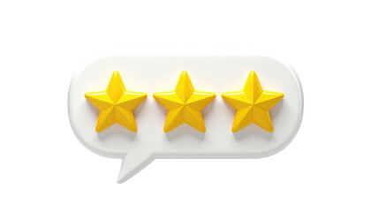 3D rendered image of three yellow stars inside a white speech bubble against a black background