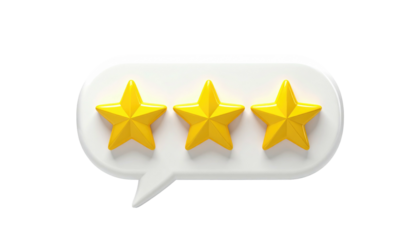 3D rendered image of three yellow stars inside a white speech bubble against a black background