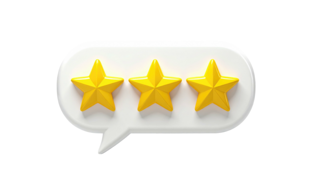 3D rendered image of three yellow stars inside a white speech bubble against a black background