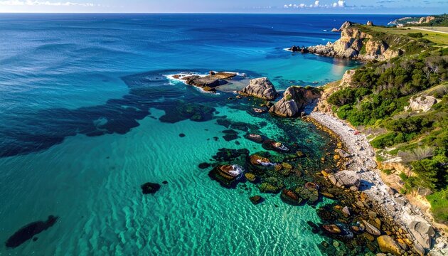 Crystal Clear Turquoise Ocean Water Meets Rocky Shoreline with Lush Green Vegetation Under Bright Sunny Sky