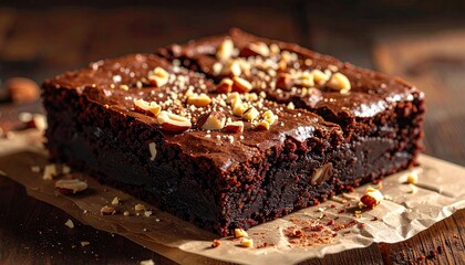 Decadent Chocolate Brownie Topped With Nuts Served On Parchment Paper On A Rustic Wooden Table With Warm Sunlight