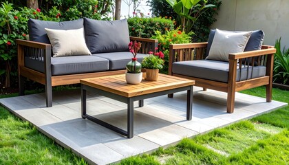 close up,wood sofa and table made of metal and wood in the yard and garden on the garden tiles