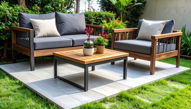 close up,wood sofa and table made of metal and wood in the yard and garden on the garden tiles