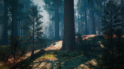 Obraz premium Morning light gently pierces through the dense trees in a tranquil forest. Soft shadows dance on the ground, creating an enchanting atmosphere filled with natures beauty.