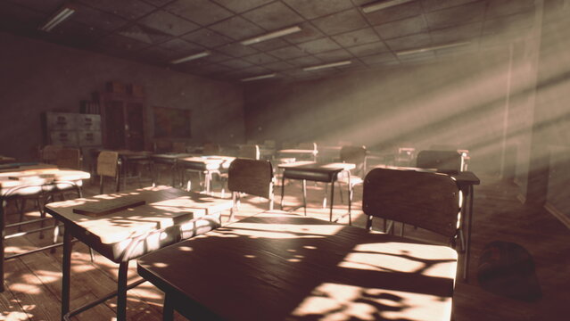 Golden sunlight pours through the classroom windows, casting long shadows across the empty desks. The serene atmosphere hints at stories once shared within these walls during afternoon lessons.