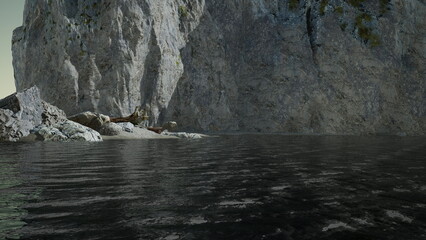 Serene waters gently lap against rugged cliffs, as soft hues of sunset illuminate the landscape. Silhouetted rocks reflect a tranquil atmosphere in this hidden cove.