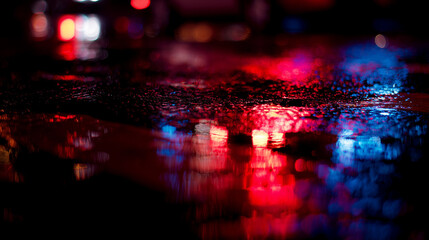 pavement. Glowing red and blue lights reflecting on wet pavement at night with dramatic contrast. mobility guides, transit brochures, designed for mobility and urban transit guides.