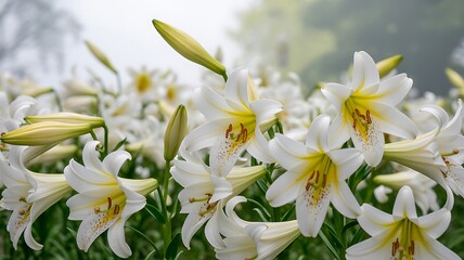 Fototapeta premium Field of White Easter Lilies — Low-Angle Close-Up Spring Flower Photography with Soft Overcast Sky