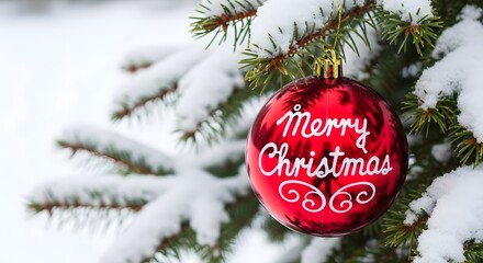 Red christmas ornament hanging on a snow covered pine branch
