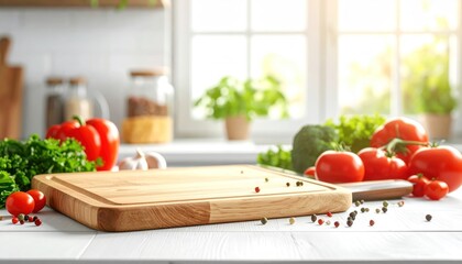 empty wooden chopping board with fresh vegetables and spices, cook on a blurred background,