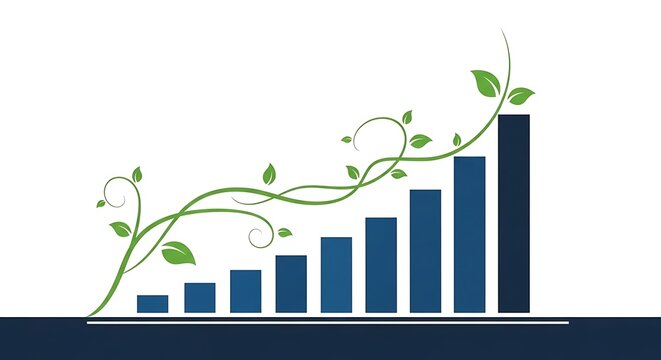 Blue graph with a green vine and leaves growing upwards, symbolizing ecological or sustainable growth, isolated on white background