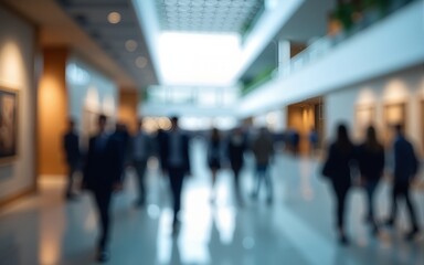blurred business people walking at a trade fair, conference or walking in a modern hall. Blurred image visitors at the lobby of museum. High quality