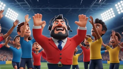 Excited Soccer Coach Celebrates Victory With Young Players On Field. - Powered by Adobe