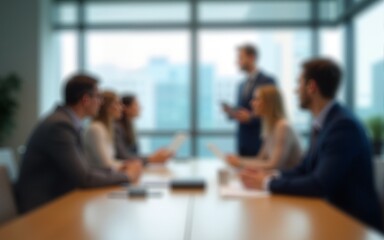 Blur office meeting blurred background with business people working group in boardroom discussion for teamwork brainstorming, executive seminar or professional training in small startup enterprise