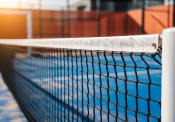 Close-up of black padel or tennis net on outdoor blue court with warm sunlight, sports background concept