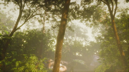 Fototapeta premium Soft morning light filters through a lush green forest, creating a tranquil atmosphere. Tall trees and vibrant foliage thrive in this serene environment, as mist softly envelops the area.