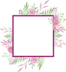Watercolor Pink Roses Floral Frame Template with White Center and Pink Border