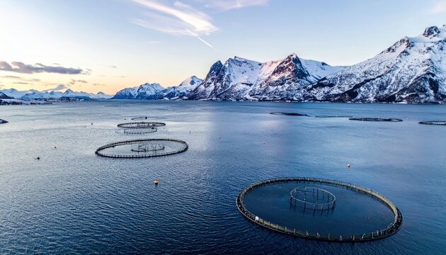 Salmon fish farming in Norway sea. Food industry, traditional craft production, environmental conservation