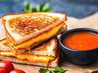 Grilled Cheese Sandwich with Tomato Soup on Wooden Board Background