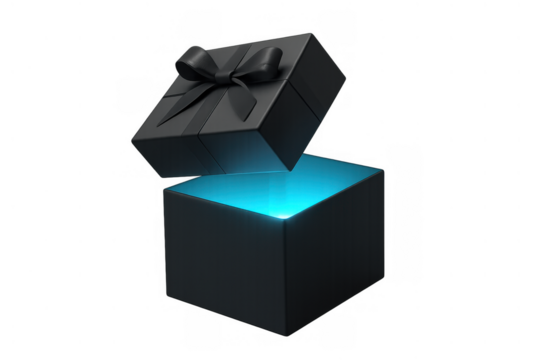 Black gift box opening, glowing blue light emerging, revealing mystery, surprise, and magic with transparent background