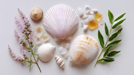 Elegant Arrangement of Sea Shells, Floral Elements, and Natural Objects on a Soft White Background for Artistic and Lifestyle Concepts