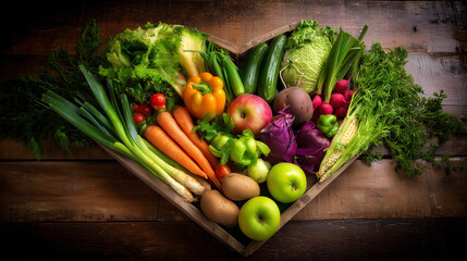 heart. Fresh vegetables and fruits arranged in a heart shape on a rustic wooden surface, bathed in warm natural light. menu design.