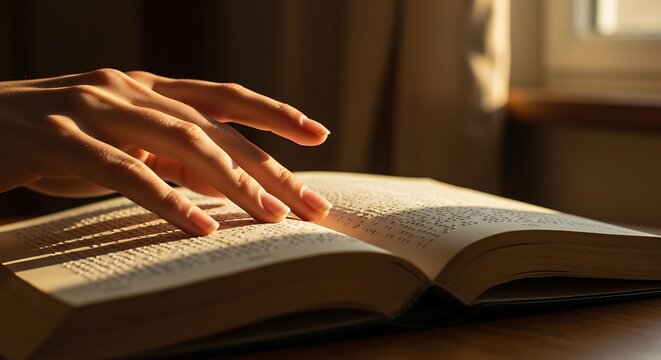 Hand reading braille on open book near window in warm light, showing accessibility and literacy for visually impaired individuals.