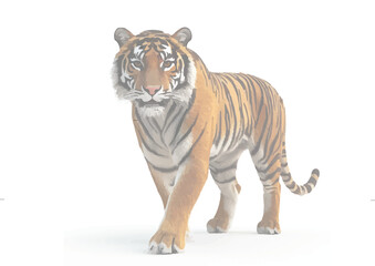 Obraz premium Majestic Tiger on the Prowl: A magnificent tiger strides confidently forward, showcasing its striking orange and black stripes. Capturing the wild grace of a predator in its element.
