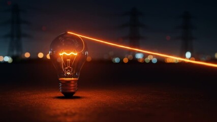 Innovative glowing bulb illuminates future energy solutions at night under power lines - Powered by Adobe