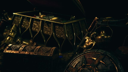 An ornate treasure chest sits open, revealing a collection of golden artifacts and intricate relics. The dark surroundings enhance the mystery and allure of the hidden treasures inside.