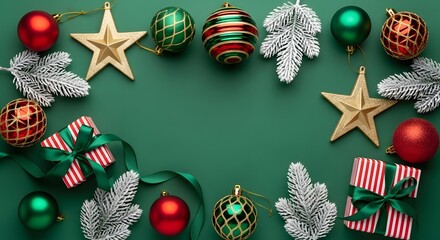 Festive christmas arrangement with ornaments and gift boxes