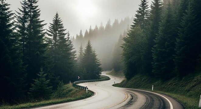 Winding mountain road through a misty forest with tall evergreen trees - Powered by Adobe