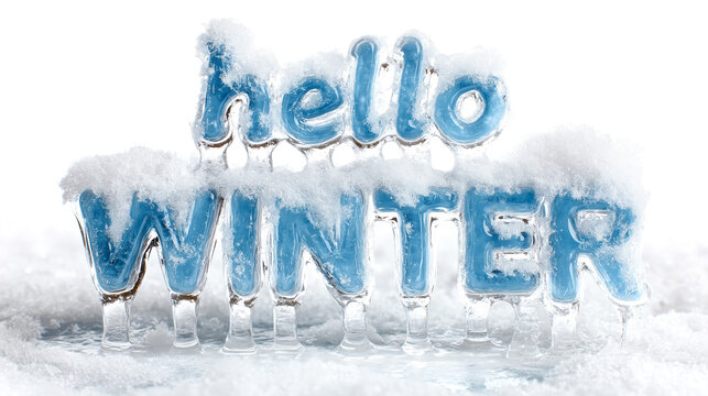 Hello winter ice snow frost frozen cold lettering typography season Cheerful winter ice lettering with snowy texture, frost detail, and frozen glow, greeting cold season with playful typography