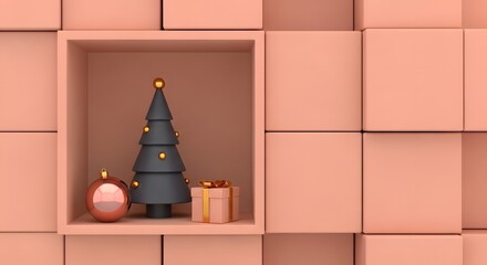 Minimalist christmas tree and gift in a box, 3d rendering