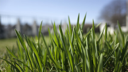 shallow. Fresh spring grass blades highlighted by sunlight with a soft, blurred effect. travel magazines, destination branding, designed for outdoor magazines and nature guides.