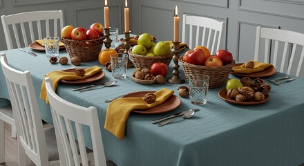 Elegant dining table set with fresh fruits, nuts, and lit candles for a festive meal