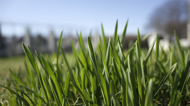 shallow. Fresh spring grass blades highlighted by sunlight with a soft, blurred effect. travel magazines, destination branding, designed for outdoor magazines and nature guides.