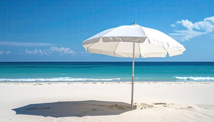 Bright White Beach Umbrella Standing on Sandy Shoreline With Turquoise Ocean Waves Under a Clear Blue Sky