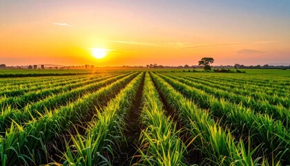 Sunset over sugar cane field